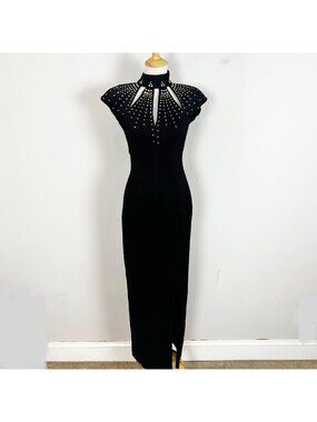 Vintage Cache Black Formal Long Gown Gold & Rhinestone Studs Dress Size XS Women